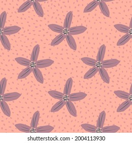 Tropical seamless pattern with floral purple flowers mandarin ornament. Pink dotted background. Perfect for fabric design, textile print, wrapping, cover. Vector illustration.