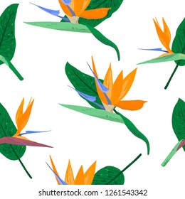 Tropical seamless pattern with flower and leaves of Strelitzia reginae on white background. Hand drawn floral background. Template for print, poster, party, summer background, vintage textile. Vector.