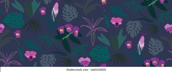 Tropical seamless pattern with tropical flowers, banana leaves and orchids. 
Vector stock illustration.