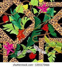Tropical seamless pattern with flowers and baroque chains. Vector floral patch for print, fabric, scarf.
