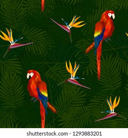 Tropical seamless pattern of flowers bird of Paradise (strelitzia) and parrots on background of palm leaves. Exotic illustration of wildlife.