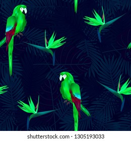 Tropical seamless pattern of flowers bird of Paradise (strelitzia) and parrots on background of palm leaves. Exotic illustration of wildlife.