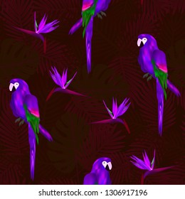 Tropical seamless pattern of flowers bird of Paradise (strelitzia) and parrots on background of palm leaves. Exotic illustration of wildlife.