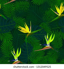 Tropical seamless pattern of flowers bird of Paradise (strelitzia) on the background of palm leaves. Exotic illustration of jungle plants.