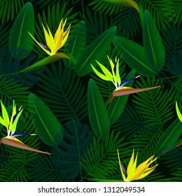 Tropical seamless pattern of flowers bird of Paradise (strelitzia) on the background of palm leaves. Exotic illustration of jungle plants.