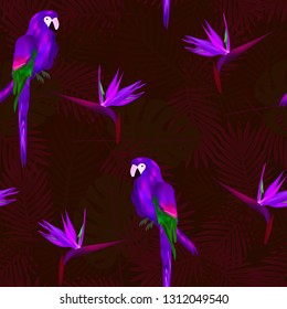 Tropical seamless pattern of flowers bird of Paradise (strelitzia) and parrots on background of palm leaves. Exotic illustration of wildlife.