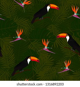 Tropical seamless pattern of flowers bird of Paradise (strelitzia) and toucans on background of palm leaves. Exotic illustration of wildlife.