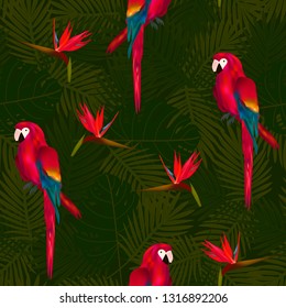 Tropical seamless pattern of flowers bird of Paradise (strelitzia) and parrots on background of palm leaves. Exotic illustration of wildlife.