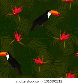 Tropical seamless pattern of flowers bird of Paradise (strelitzia) and toucans on background of palm leaves. Exotic illustration of wildlife.