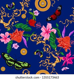 Tropical seamless pattern with flowers, butterflies, baroque chains. Vector floral patch for print, fabric, scarf.