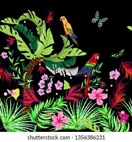 Tropical seamless pattern with flowers, butterflies and parrots. Vector jangle foliage for print, fabric, scarf.