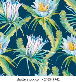 Tropical seamless pattern. Tropical flowers pattern.. Exotic leaves and flowers. Vector.Dragonfruit, pitaya,pitahaya. Flowers pitaya.