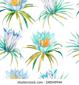 Tropical seamless pattern. Tropical flowers pattern.. Exotic  flowers. Vector.Dragonfruit, pitaya,pitahaya. Flowers pitaya.
