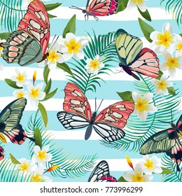 Tropical Seamless Pattern with Flowers and Exotic Butterflies. Palm Leaves Floral Background. Fashion Fabric Design. Vector illustration