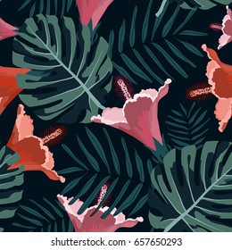 Tropical seamless pattern with flowers and leafs.Colorful summer vector background.Textile texture