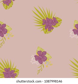 Tropical seamless pattern with flowers and leaves.