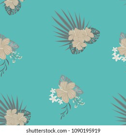 Tropical seamless pattern tropical seamless pattern with flowers and tropical leaves in blue.