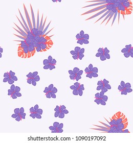 Tropical seamless pattern tropical seamless pattern with flowers and tropical leaves in blue.