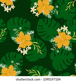Tropical seamless pattern with flowers and leaves in a green color.
