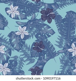 Tropical seamless pattern tropical seamless pattern with flowers and tropical leaves in blue.