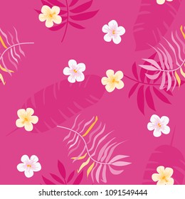 Tropical seamless pattern with flowers and leaves. Tropical leaves and flowers are pink and white. Romantic pink floral background.