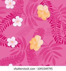 Tropical seamless pattern with flowers and leaves. Tropical leaves and flowers are pink and white. Romantic pink floral background.
