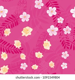 Tropical seamless pattern with flowers and leaves. Tropical leaves and flowers are pink and white. Romantic pink floral background.