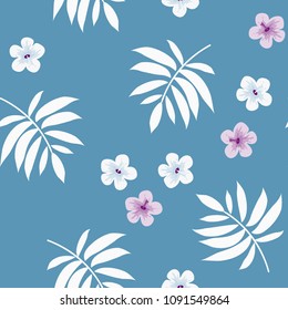 Tropical seamless pattern with flowers and leaves on a blue background. Jungle.Tropical forest. Background with tropical plants.