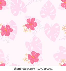 Tropical seamless pattern with flowers and leaves. Tropical leaves and flowers are pink and white. Romantic pink floral background.