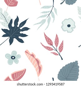 Tropical seamless pattern with flowers and leaves. Vector illustration. Summer design