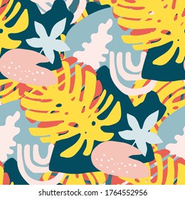 Tropisches nahtloses Muster mit Blumen, Blättern, abstrakten Formen. Kreativ-trendiger Hintergrund. Moderne Textur. Farbdruck