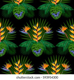 Tropical seamless pattern with flowers, leaves and butterfly. Tropic floral wallpaper on black background. Jungle textile print.