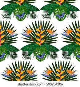 Tropical seamless pattern with flowers, leaves and butterfly. Tropic floral wallpaper on white background. Jungle textile print.