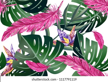 tropical seamless pattern with flowers and leaves,feather flamingos. vector illustration