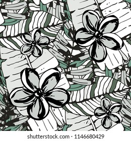 Tropical seamless pattern with flowers, palm leaves. Floral background texture. Natural print. Fabric design, wallpaper