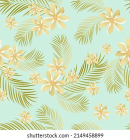 tropical seamless pattern with flowers and palm branches. blue light  and green colors .vector

