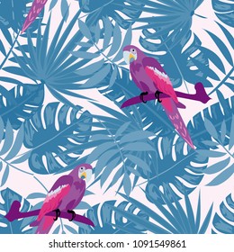 Tropical seamless pattern with flowers and a parrot. Tropical background with leaves and a bird. Tropical birds. Jungle.