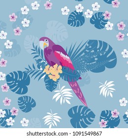 Tropical seamless pattern with flowers and a parrot. Tropical background with leaves and a bird. Tropical birds. Jungle.