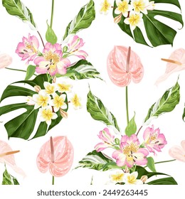 Tropical seamless pattern with flowers of pink anthurium, plumeria, alstroemeria, exotic variegated leaves and monstera. Vector illustration on a white background.