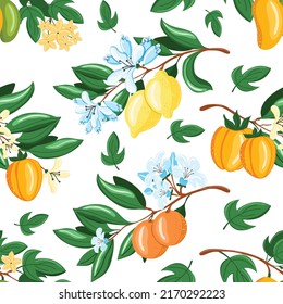 Tropical seamless pattern with flowers yellow lemon branch and orange on the white background. Fruit repeated background. Vector bright print for fabric brands packaging wallpaper.