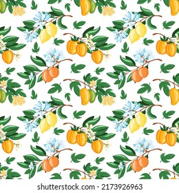 Tropical seamless pattern with flowers yellow lemon branch and orange on the white background. Fruit repeated background. Vector bright print for fabric brands packaging wallpaper.