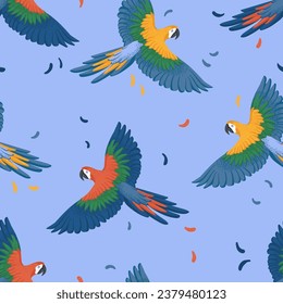 A tropical seamless pattern with flying ara -pools. Vector illustration. Colorful bird Ara in a flat style of a seamless pattern for children's fabric or wallpaper.