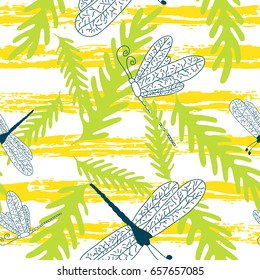 Tropical seamless pattern with foliage and dragonfly on yellow background.