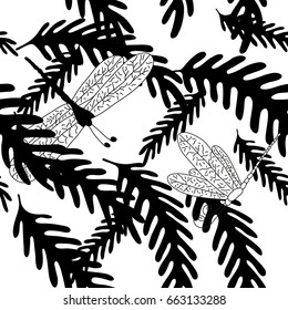 Tropical seamless pattern with foliage and dragonfly on white background. Whtie and dark vector illustration.