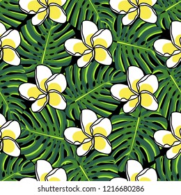 Tropical seamless pattern with frangipani and exotic leaves. Vector illustration