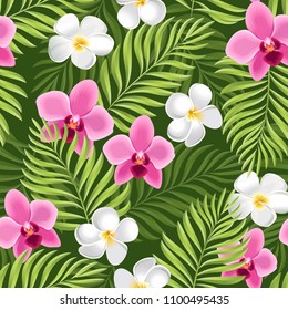 Tropical seamless pattern. Frangipani, Palm leaves and Orchid flowers vector illustration. Summer wallpaper.