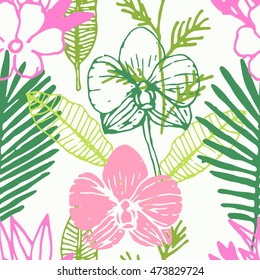 Tropical seamless pattern with frangipani, palm leaves, orchid flower.  Vector illustration.