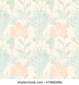 Tropical seamless pattern with frangipani, palm leaves, orchid flower.  Floral colorful background. Vector illustration.
