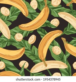 Tropical seamless pattern with fresh banana fruits and green leaves. Endless repeatable fruity design in vintage style for printing. Hand-drawn colored vector illustration on black background.