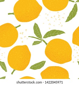 Tropical seamless pattern with fresh yellow lemons, leaves on white background. Bright citrus fruit. Cute doodle hand drawn texture. Colorful summer design for art textile print, organic food package.